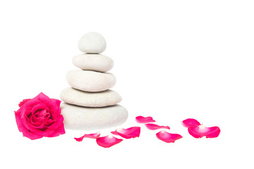 Pile of white stones and a pink rose and pink rose peddels isolated on a white background