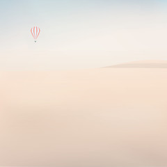 Beach landscape vector background. Seaside nature with hot air balloon flying over.