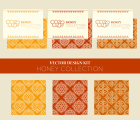 Materiał do szycia Vector design kit with honey business card templates and seamless patterns.
