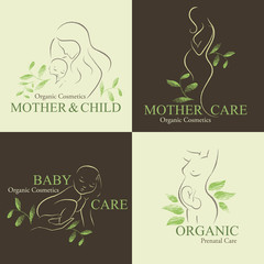 Naklejka premium Organic Cosmetics Design elements with contoured pregnant women and newborn babies