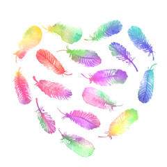 Rainbow heart from feathers on white background. Watercolor illustration