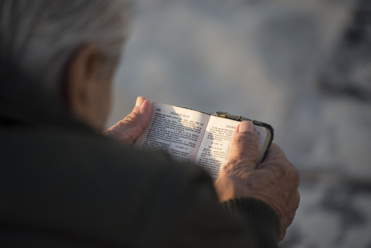 Old man reading holy bible book in spanish