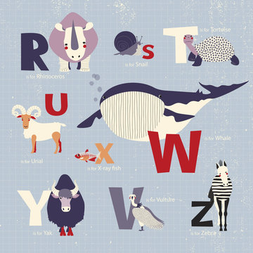 Animals alphabet. R, s, t, u, v, w, x, y, z letters. Rhinoceros, snail, tortoise, urial, vulture, whale, x-ray fish, yak, zebra.