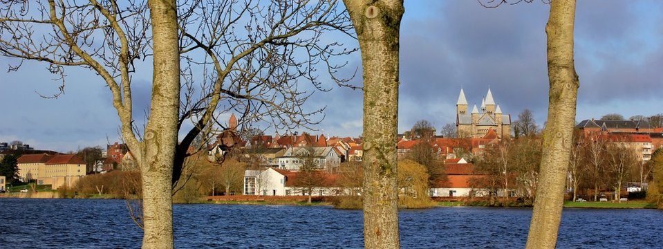 View of the city of Viborg and Viborg Cathedral, seen from the lake; Soendersoe, (S&oslash;nders&oslash;) Jutland, Denmark