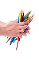 Bunch of color pencils in hands