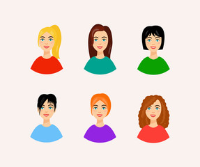 Illustration of different hairstyles. Smiling woman faces in cartoon style.