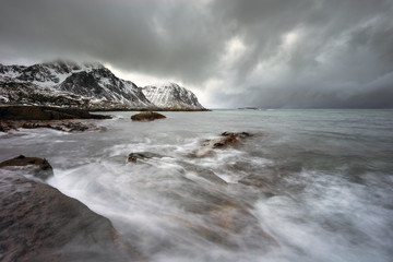 Stormy weather at coastline, Lofoten