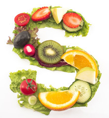 Letter S made of salad and fruits