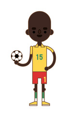 Little kid soccer boy playing with football sport equipment fun game vector character.