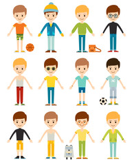 Set cute happy cartoon boys characters childhood young active lifestyle vector illustration