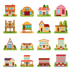 Set of detailed colorful cottage house building flat style modern constructions vector illustration