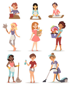 Set of housewife icon homemaker cleaning ironing cook wash and shopping vector illustration.