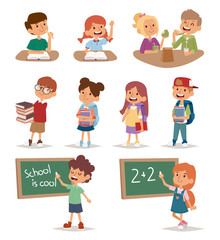 Group school kids going study together, childhood happy primary education character vector.
