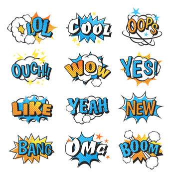 Collection of multi colored comic speech bubble boom effects vector.