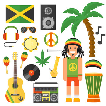 Reggae artist musical instrument and rastafarian elements collection vector illustration.