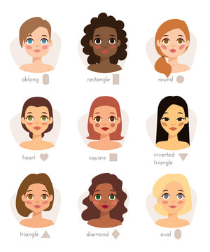 Set of different woman's face types shapes female head vector character illustration.