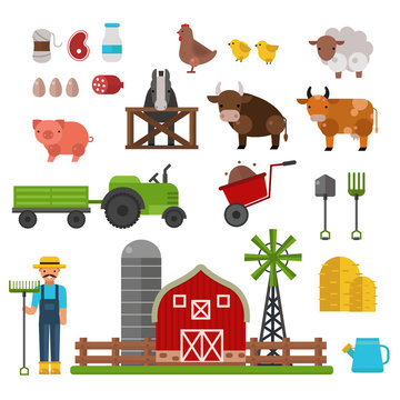 Farm animals, food and drink production symbols, organic product, machinery and tools on the farm vector illustration.