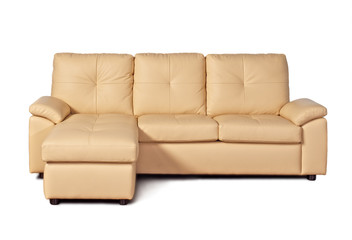 Beige leather sofa on white background