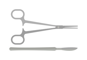Surgical tools for operations scalpel and clamp vector illustration