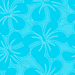 Fototapeta na wymiar Light blue and white hibiscus lines seamless pattern