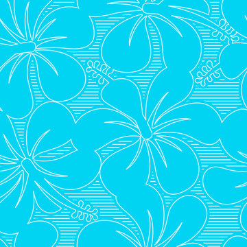 Light blue and white hibiscus lines seamless pattern