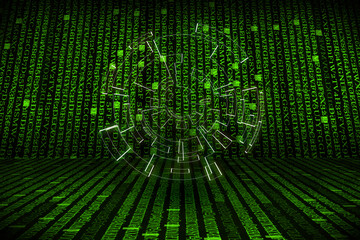 The green alphanumeric code background.