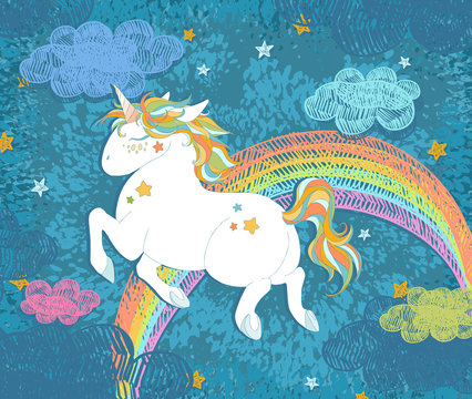 Cute Baby Unicorn. Colorful night sky with rainbow, stars, clouds, freehand doodle  decoration. Hand drawn vector illustration, separated elements.