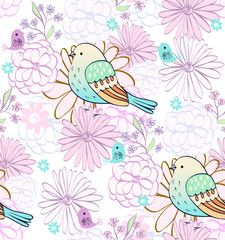 Stylish floral background with cartoon  bird in light colors.