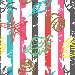 Fototapeta na wymiar Seashells. Striped background. Summer Sea Shells Design. Vector seamless pattern.
