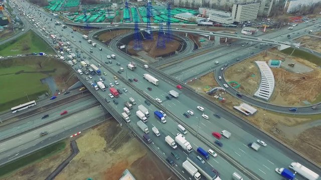 Aerial View of Highway Interchange in Moscow City, Russia. Bridge, Trafic, City