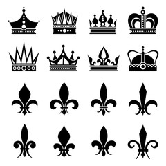 Crown and fleur de lis, lily flowers icons. Design crown royal, lily flower and medieval crown set - obrazy, fototapety, plakaty
