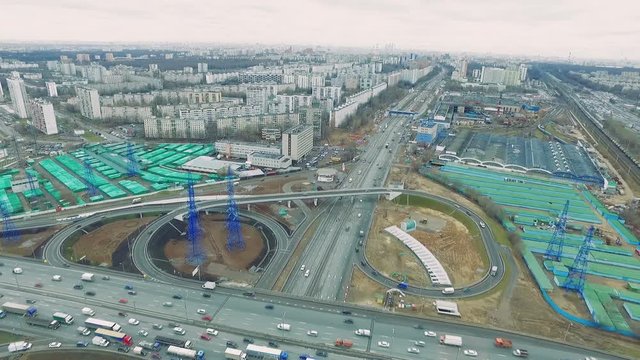 Aerial View of Highway Interchange in Moscow City With Buildings on the Back, Russia. Day, Autumn, Sky