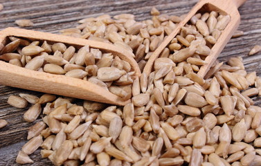 Sunflower seeds with spoon on wooden background