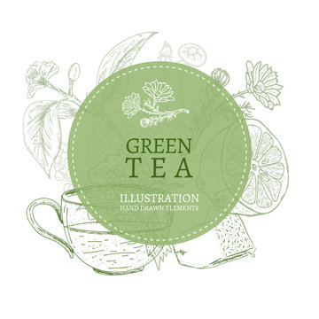 Green tea hand drawn elements