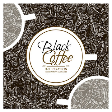Black coffee concept roasted coffee beans hand drawn vintage