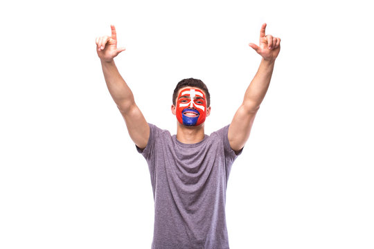 Victory, happy and goal scream emotions of Slovak football fan in game support of Slovakia national team on white background. European football fans concept.