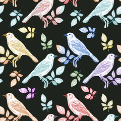 Vector seamless pattern fantastic colorful birds hand drawn