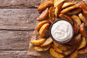 Rolgordijnen Fast food: Potato wedges and mayonnaise. horizontal top view    © FomaA