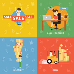 Sales, purchases, discounts, ideas and analysis flat abstract isolated vector banners