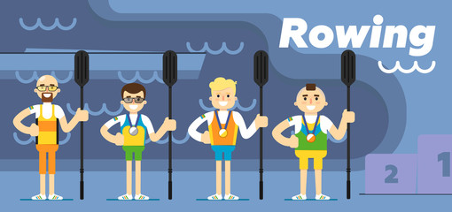 Rowing team costs about the podium with gold, silver and bronze medals with oars in their hands flat vector illustration. The Olympic sport.