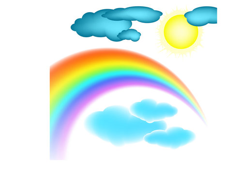 rainbow, clouds and sun. Vector illustration.