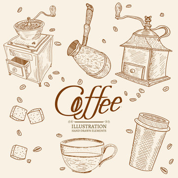 Vintage coffee objects hand drawn set