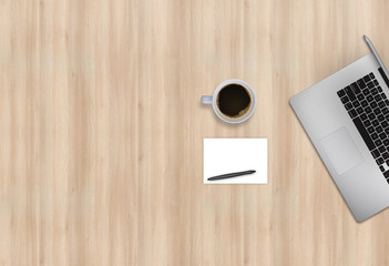 Office desk top view hero image for mock up. Wooden background