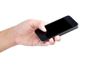 Hand holding phone isolated with clipping path inside