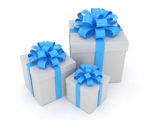 three gift boxes with bows isolated on white. 3d rendering.