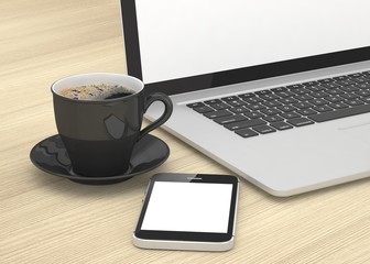 Fototapeta na wymiar Laptop smartphone and coffee cup on wood. 3d rendering.