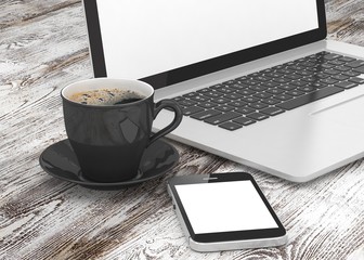 Laptop smartphone and coffee cup on wood. 3d rendering.