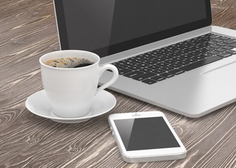 Laptop smartphone and coffee cup on wood. 3d rendering.