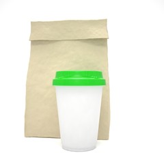 Coffee to go and lunch bag, on white. 3d rendering.