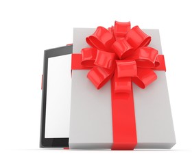 Tablet in white gift box with red bow and ribbons on white. 3D rendering.